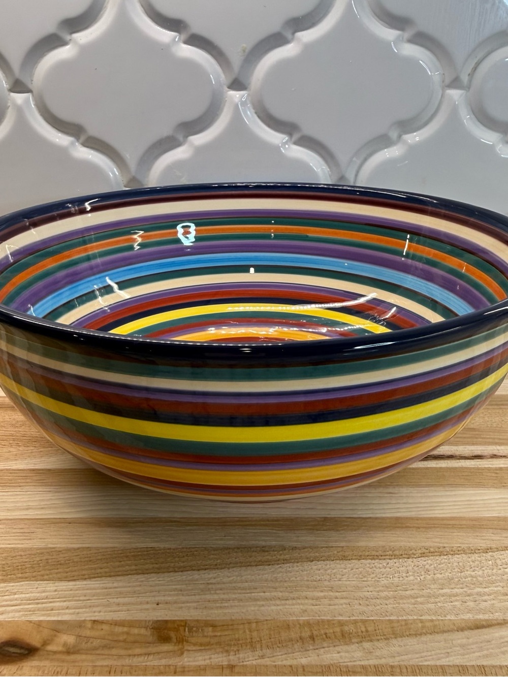 Tabletops Unlimited Havana Ceramic Serving Bowl Multicolor Striped Hand Painted
